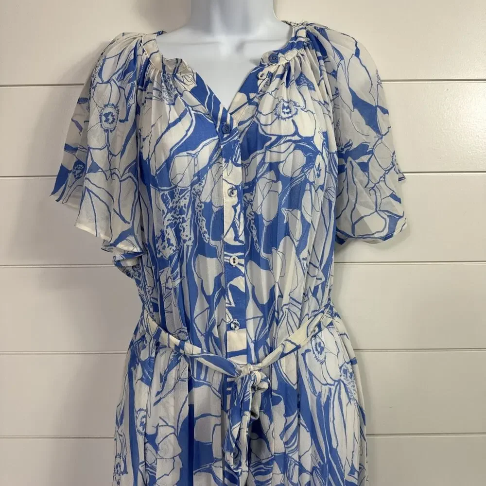 Anthropologie Pleated Button Front Dress Belted Blue White Floral Print sz M